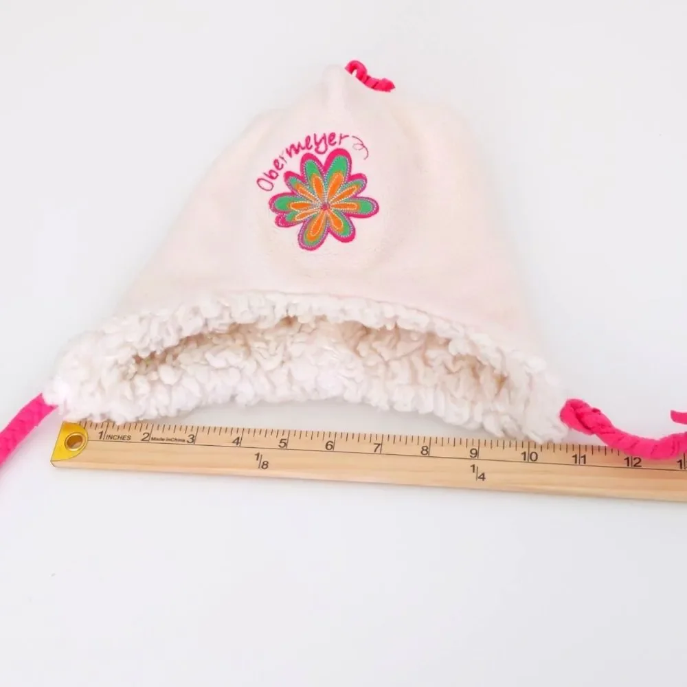 Girl's Obermeyer Fleece Cream Winter Snow Hat w/Pink Flower and Sherpa Interior
